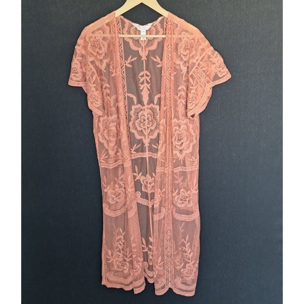 💙 Lauren Conrad Apricot Lace Kimono Cover Up Size L/XL Boho Cottage Vacation Fe